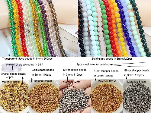 720PCS 8mm Glass Round Beads Bulk Crystal Beads Bracelet Beads Making Kit Healing Chakra Beads with 500pcs Space Loose Beads for Jewelry Making and DIY Crafts (8mm Solid&Clear) - size: 8mm Solid&Clear Set