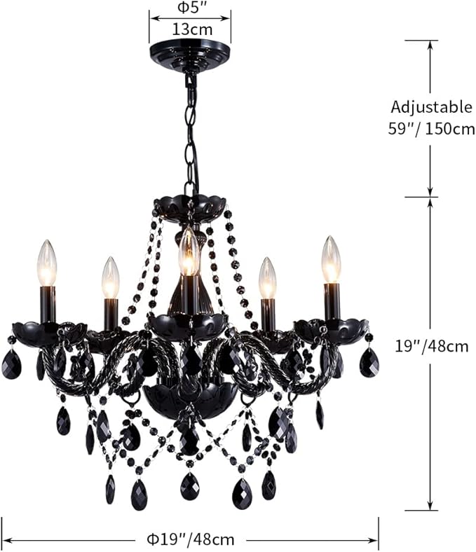 Saint Mossi Modern K9 Crystal Chandelier,Black Chandelier with 5 Lights E12 Base, Modern Pendant Ceiling Lighting Fixture for Dining Room,Bedroom,Living Room, D19 x H19 with Max 59" Adjustable Chain