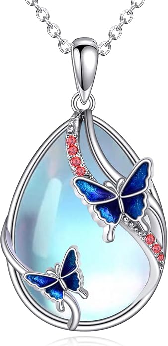 KQF Dragonfly/Butterlfy/Cat/Jellyfish/Bunny/Axolotl/Bee/Mermaid/Hummingbird/Elephant Necklace for Women Sterling Silver Moonstone Pendant Necklace Dragonfly Jewelry Gifts for Women