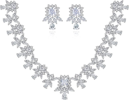 14K Gold Women's Jewelry Set, Natural Crystal Necklace & Moissanite Earrings, Luxurious Bridal/Wedding Fashion Accessory