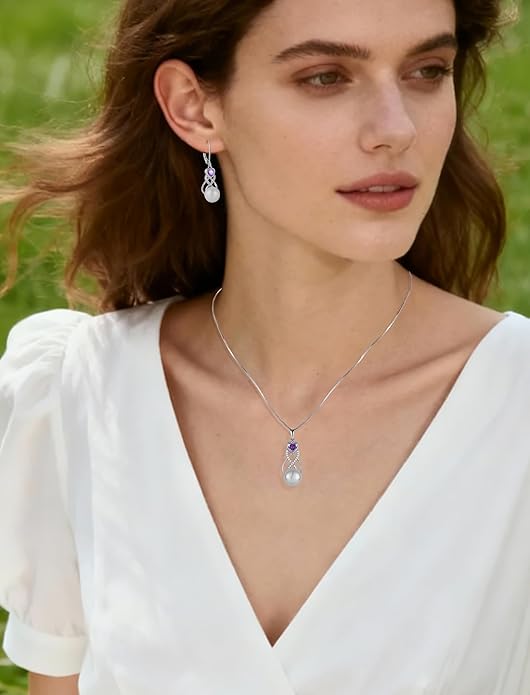 Pearl Earrings Necklace Jewelry Set for Women 925 Sterling Silver Heart Amethyst Freshwater Pearl Jewelry