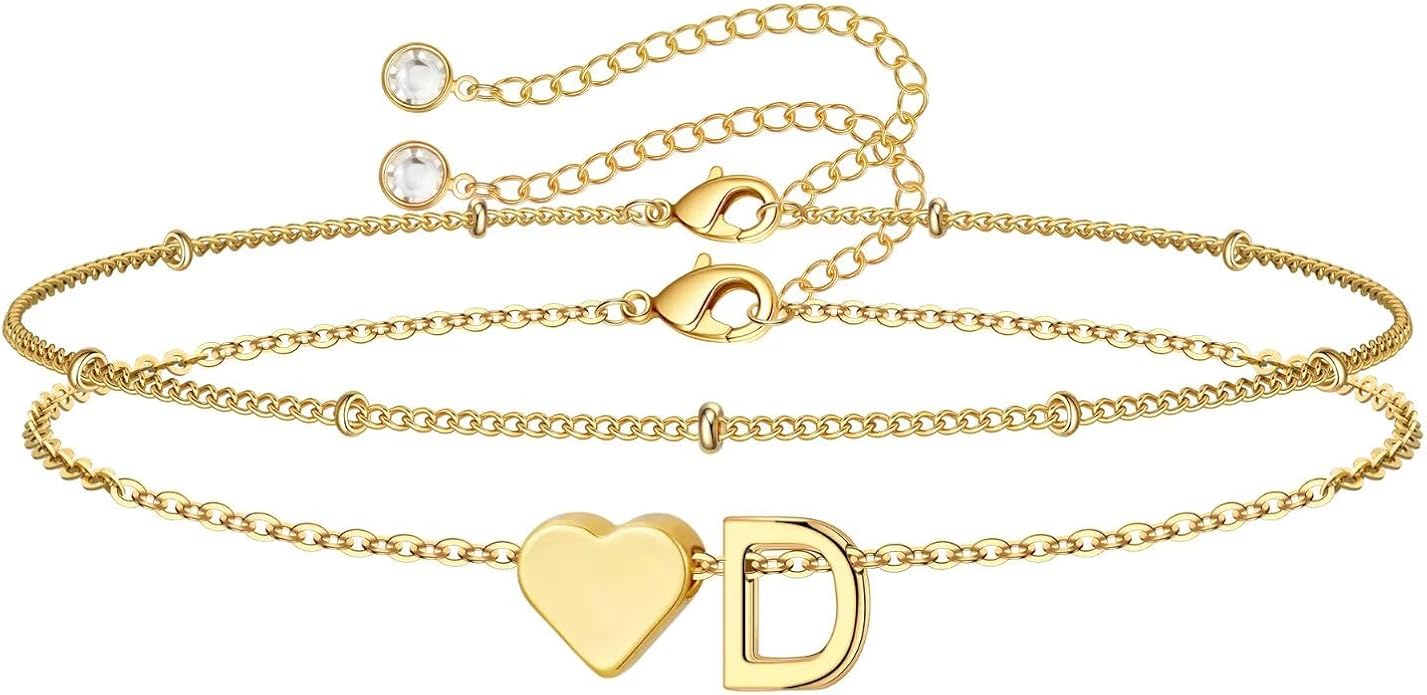 M MOOHAM Valentines Day Gifts for Kids Teen Girls -14K-Gold-Plated Heart Initial A-Z Bracelets for Women Girl Dainty Gold Bracelets Birthday Valentines Gifts for Women Her Teenage Girls Kid Teen Gift