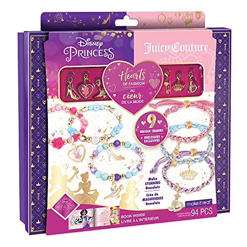 Make It Real - Disney Princess X Juicy Couture Hearts of Fashion - DIY Charm Bracelet Making Kit w/Disney & Juicy Couture Charms - Arts & Crafts Bead Kit for Girls & Teens - 6 Bracelets - Ages 8+