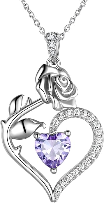 Jewmon Valentine Day Gifts for Her Rose Heart Birthstone Necklace for Women 925 Sterling Silver Birth Stone Flower Rose Necklace Anniversary Love GIfts for Girlfriend Wife Mom Birthday Gifts for Her