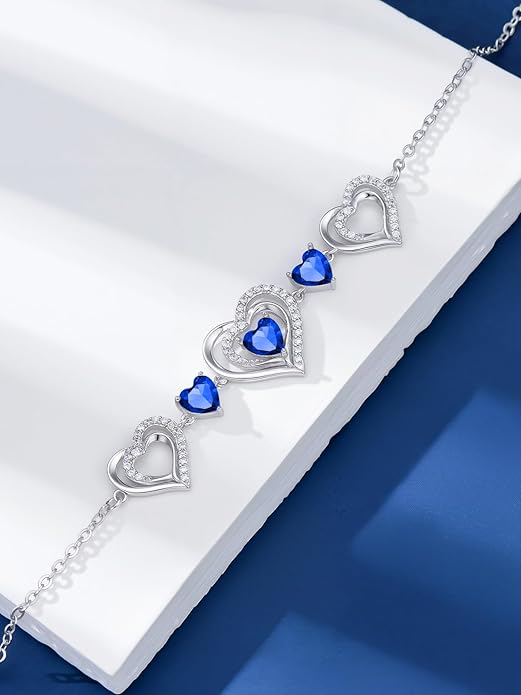 Birthstone Charm Link Bracelet 925 Sterling Silver Rose/Heart/Mom Bracelet with 12 Months Birthstone Mother's Day Gift Jewelry Gifts for Women,Chain Length 7"+2" Extend