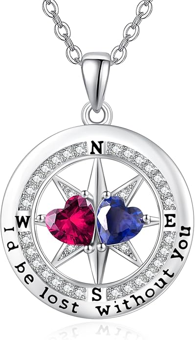 Compass Necklace for Women, Exquisite S925 Valentines Day Anniversary Birthday Gifts for Wife Her Double Birthstone Pendant Jewelry ‘I'd be Lost Without You’