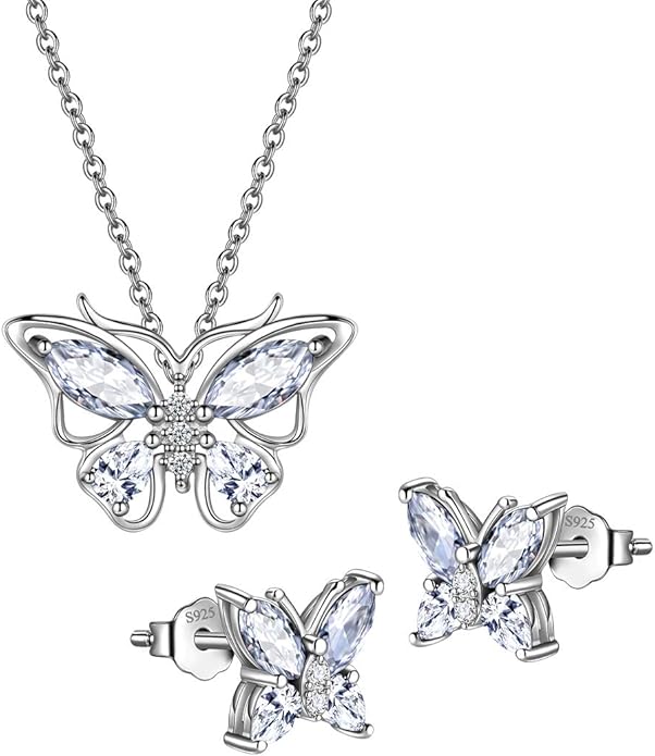 925 Sterling Silver Birthstone Butterfly Jewelry Women Crystal Animal Cute Butterflies Birthday Necklace/Earring/Ring/Bracelet Sets Birth Stone Statement Anniversary Jewellery