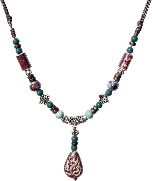 Adjustable Ceramic Beaded Necklace for Women, Boho Handmade Flower Pendant Necklace, Hippie Jewelry for Mom and Wife