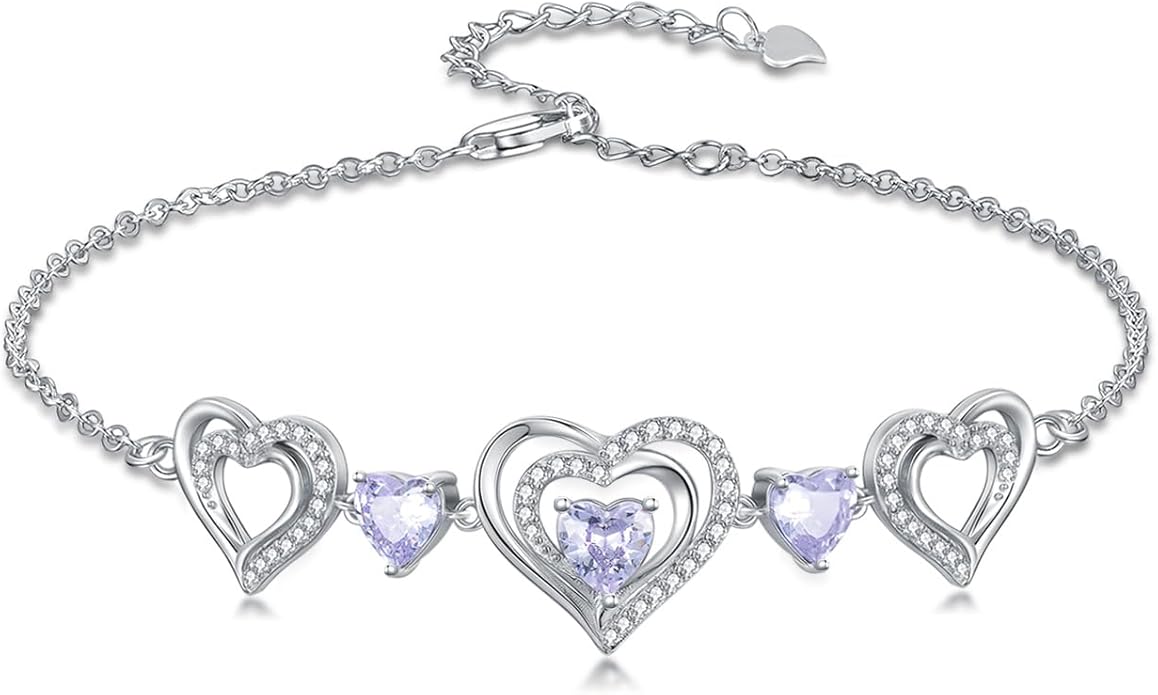 Birthstone Charm Link Bracelet 925 Sterling Silver Rose/Heart/Mom Bracelet with 12 Months Birthstone Mother's Day Gift Jewelry Gifts for Women,Chain Length 7"+2" Extend