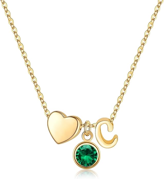 Ursilver Initial Birthstone Necklace for Women - Heart Initial Birthstone Pendant Necklace Personalized Gifts Birthday Gifts for Women