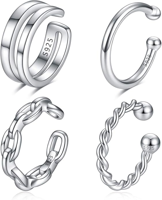 CHIC & ARTSY 925 Sterling Silver Ear Cuffs for Women, Non Piercing Clip On Cartilage Cuffs, Adjustable Fake Conch & Helix Earrings, Gold Plated & Oxidized Various Styles