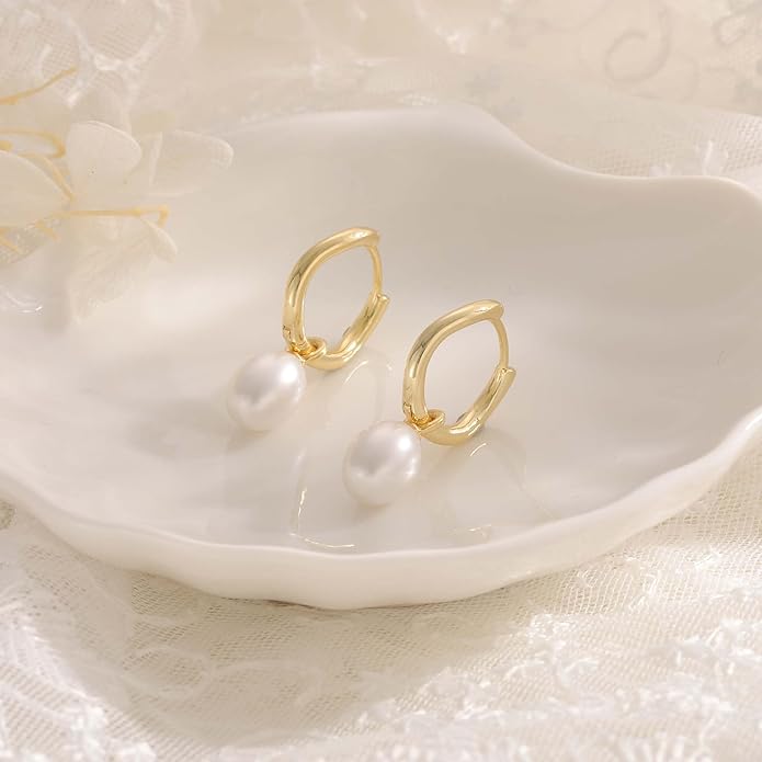 Gold Pearl Dangle Earrings for Women, 14K Gold Plated Small Pearl Drop Huggie Hoop Earrings, Hypoallergenic Dainty Gold Earrings Wedding Jewelry Gifts for Women Trendy