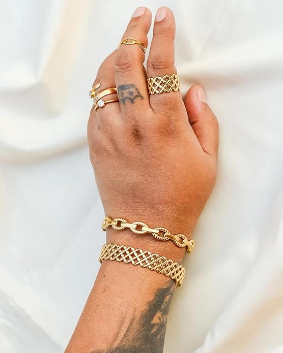 PERNNLA PEARL Dainty Gold Bar Bracelet for Women Simple Delicate Thin Cuff Bangle Hook Bracelet 18K Gold Plated Handmade Minimalist Jewelry