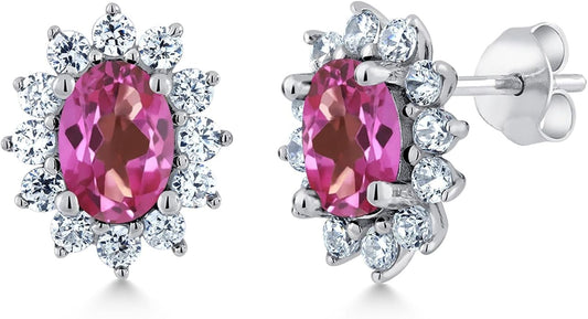 Gem Stone King 7X5MM Oval Gemstone Birthstone Stud Earrings For Women | Princess Diana Royal Halo Style | 925 Sterling Silver | Fine Jewelry Gifts for Anniversary Wedding Her Mom Women Wife