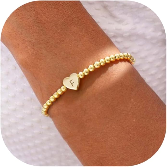 Valentines Day Gifts for Women Her - Dainty Beaded Heart Initial Bracelets Letter A-Z Charm Stretch Bead Ball Bracelet Trendy Jewelry Gifts