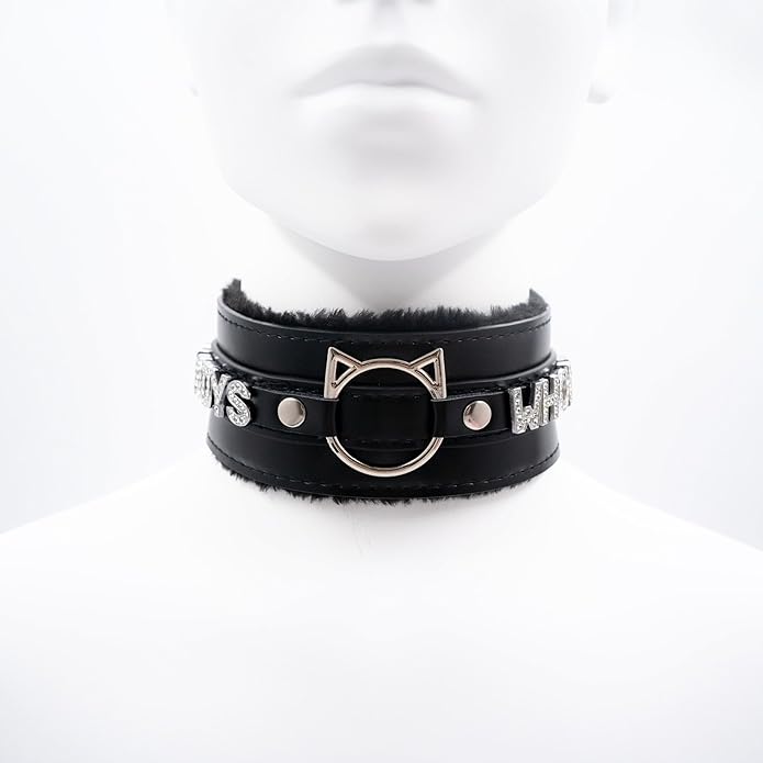 Handmade Collar Choker Necklace for Women – Cat Ear O-Ring Punk Goth Letter Choker,Black/Pink Furry Alt Fashion Jewelry