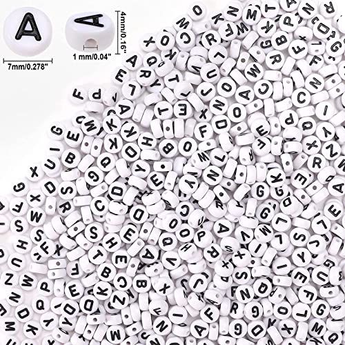 Letter Beads, DECYOOL 1900Pcs 4×7mm Wihte Black Acrylic Alphabet Beads with 1 Roll Elastic String for Bracelet Necklace - color: White&Heart