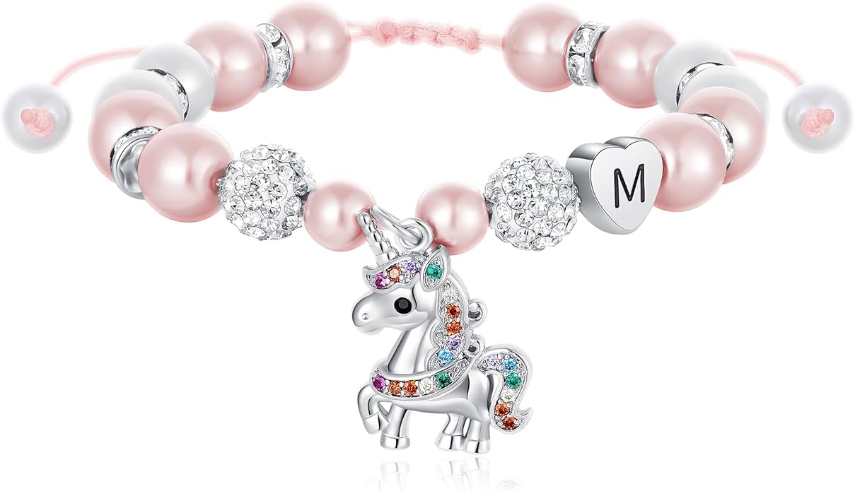 C-leen Unicorn Unicorn Bracelet Gifts for Girls Kids - Pink Pearl and Rhinestone Balls Heart Initial Unicorn Bracelets Adjustable Jewelry CZ Unicorn Bracelet Birthday Gifts for Teens
