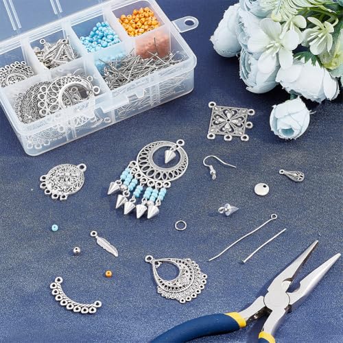 SUNNYCLUE 1 Box DIY 10 Pairs Chandelier Charms Earring Making Kit Boho Charms for Jewelry Making Feather Cone Pendants Flat Round Head Pins Eye Pins Jump Rings Antique Silver Adult Women - color: Chandelier Bohemian Style D