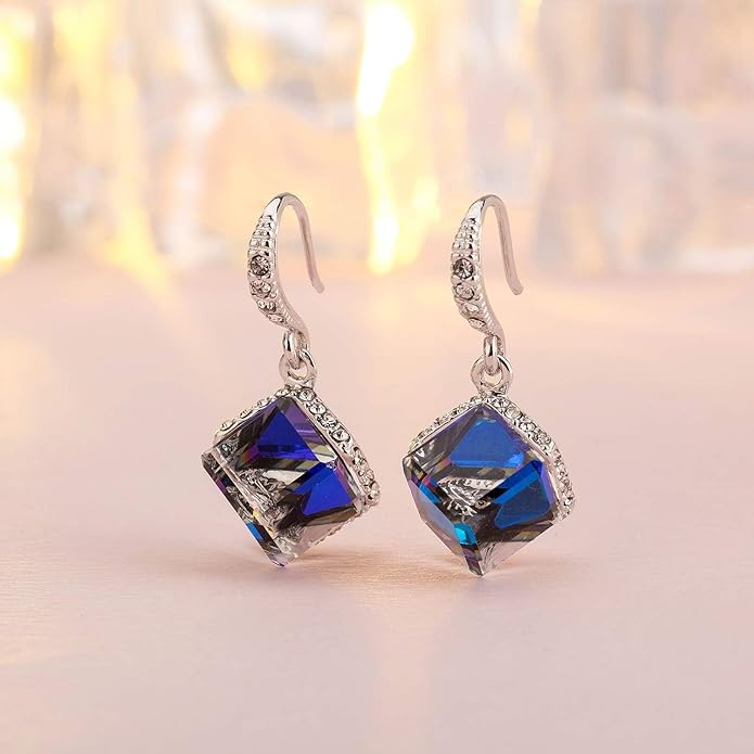 Austrian Crystal Cube Drop Dangle Earrings for Women 14K Gold Plated Hypoallergenic Jewelry