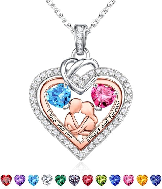 Iefil Valentines Day Gifts for Her - 925 Sterling Silver Double Heart Birthstone Necklace for Women, Anniversary Birthday Gifts for Wife I Love You Gift Couple Sitting Hugging Each Other Jewelry Gift