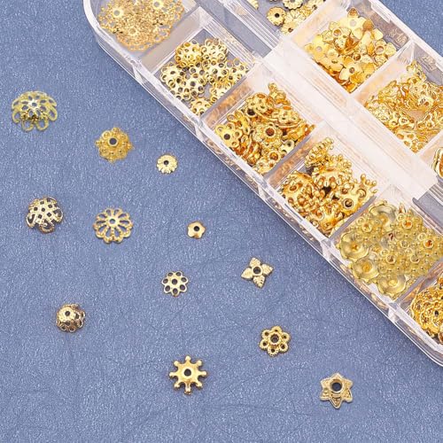 SUNNYCLUE 1 Box 240Pcs Metal Bead Caps 12 Different Flower Bead Ends Filigree Petal Brass Bead Caps Alloy Beads Spacer Accessories with Clear Box for Jewelry Making, Golden - color: 240pcs Golden