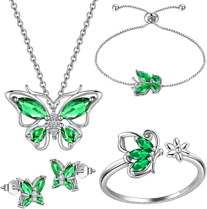 925 Sterling Silver Birthstone Butterfly Jewelry Women Crystal Animal Cute Butterflies Birthday Necklace/Earring/Ring/Bracelet Sets Birth Stone Statement Anniversary Jewellery