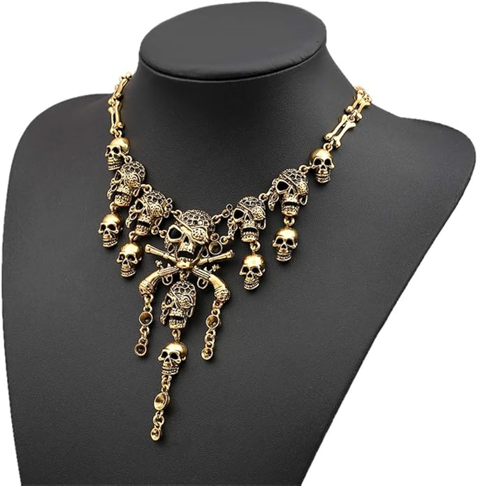 Jewelry Fashion Multi-Level Pirate Skull Tassel Charm Necklace Collar Bib for Women Horror Necklace Punk