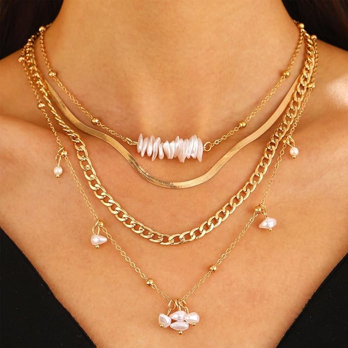 Gold Pearl Layered Necklace for Women,Vintage Stackable Irregular Pearls Choker Necklace Trendy Jewelry,Daily Wear Outfit Accessory Birthday Gift