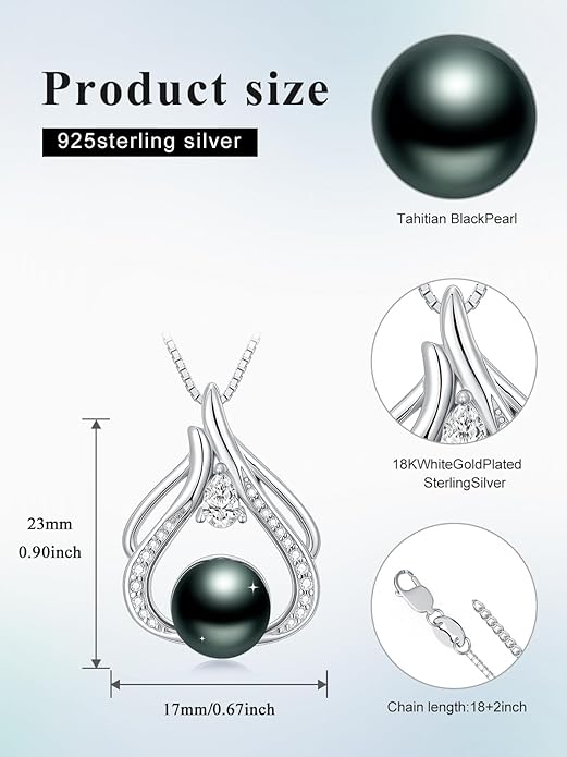 Tahitian Black Pearl 18K White Gold Plated Sterling Silver Heart/Infinity/Four Leaf Clover Pendant Necklace Jewelry Gifts for Women Wife Mom Girlfriend Wedding Birthday Anniversary Christmas