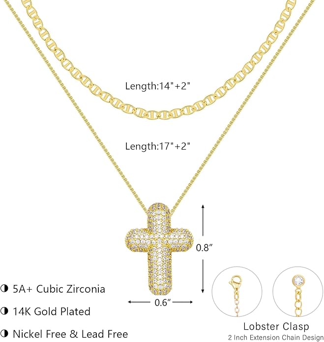 OGD Bubble Cross Necklace for Women 14k Gold Plated Cross Necklace Stackable Dainty Gold Necklace Mariner Chain Necklace CZ Cross Pendant Necklaces Set Simple Jewelry Gift