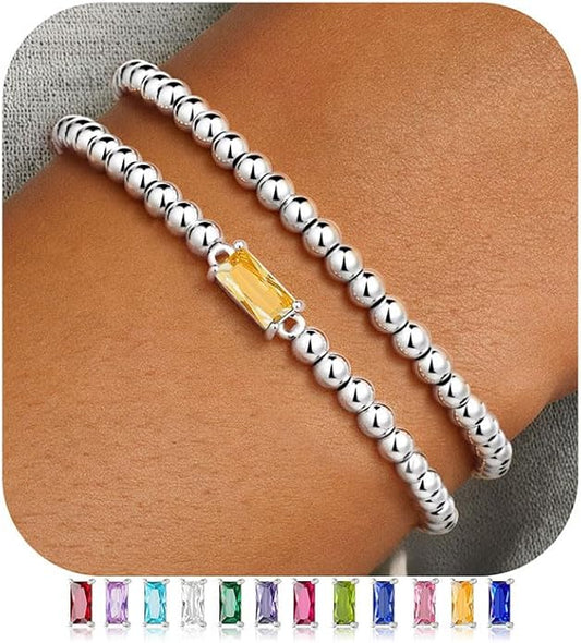 Ursteel Valentines Gifts for Her Kids Girls, Elastic Birthstone Bracelet for Women 14K-Gold-Plated Beaded Bracelet Non Tarnish Trendy Birthstone Jewelry Birthday Gifts for Women