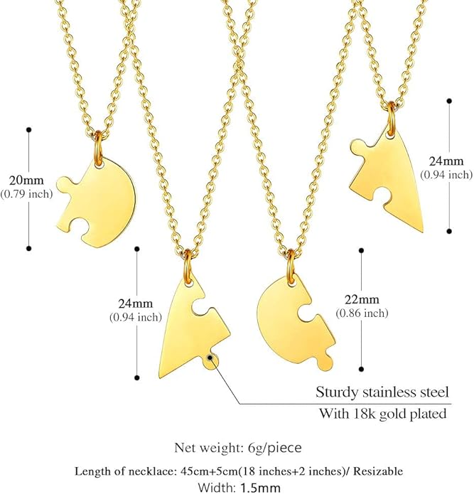 FindChic Personalized Matching BFF Necklace for 2/3/4/5/6 Puzzle Name Heart Pendant Stainless Steel Couple Necklace Set Customized Necklaces for Teen Girls