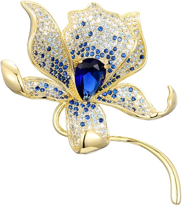 Stunning Handmade Lily Brooch in 14K Gold with Crystal Encrusted, Luxurious Moissanite Botanical Floral Corsage, Ideal Botanical Theme Shawl Accessory