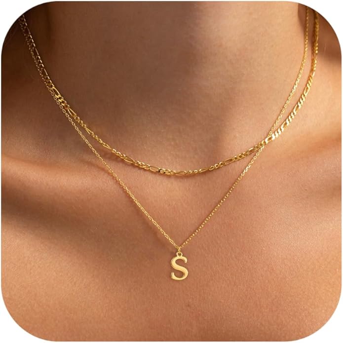 Initial Necklaces for Women Dainty Gold Silver Layered Letter Pendant Necklace Cute Figaro Chain Choker Necklace Personalized Trendy Stuff Jewelry Stack Gift for Women Her