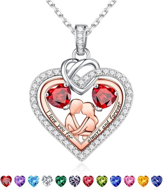 Iefil Valentines Day Gifts for Her - 925 Sterling Silver Double Heart Birthstone Necklace for Women, Anniversary Birthday Gifts for Wife I Love You Gift Couple Sitting Hugging Each Other Jewelry Gift