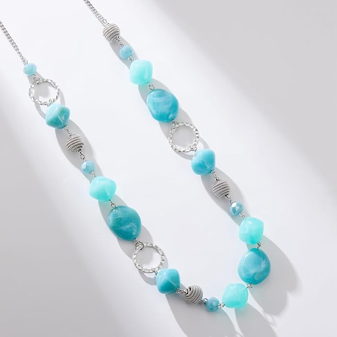 BULINLIN Beaded Long Necklace for Women Silver Sweater Chain Necklace with Crystal Resin Beads, Fashion Jewelry Necklace
