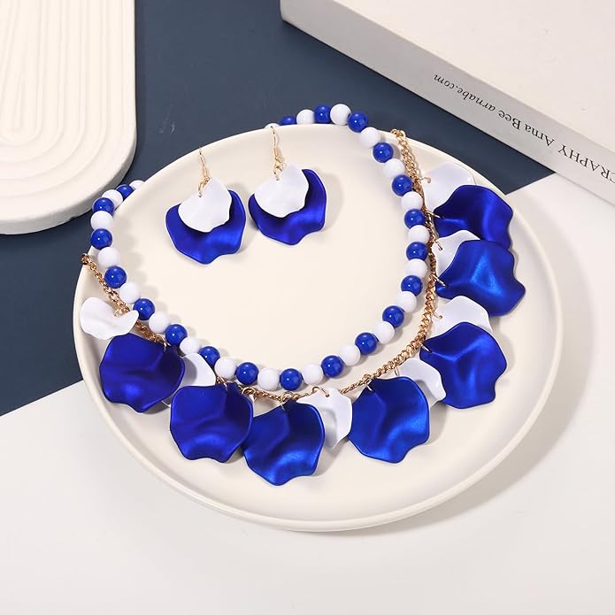 Flower Petal Necklace Earrings Set Layered Statement Beaded Jewelry Set for Women Summer Necklace Earrings
