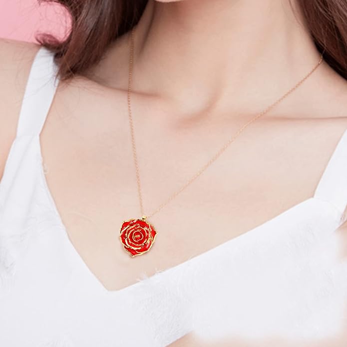 AliveRose Real Rose Gold Dipped Necklace Gifts for Women, 24K Gold Dipped Rose Pendant Necklace Jewelry Mothers Day Anniversaries Birthday Christmas Special Occasions Gifts for Her Mom Wife
