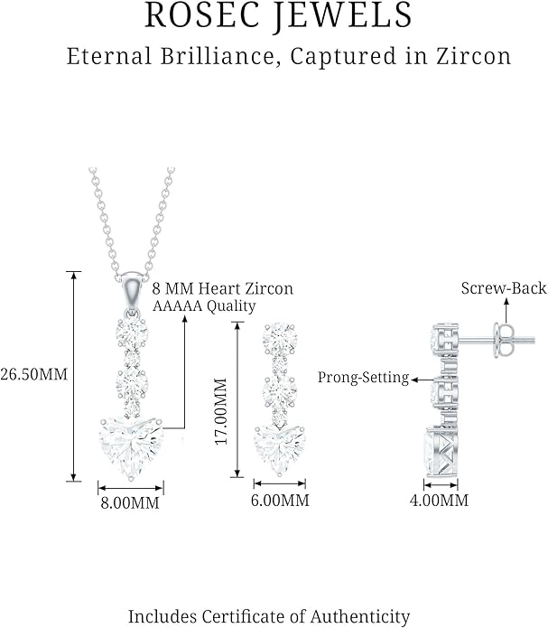 Certified Cubic Zirconia Necklace and Earrings Set in Silver, AAAAA Quality, CZ Diamond Bridal Jewelry Set - Valentines Day Gift