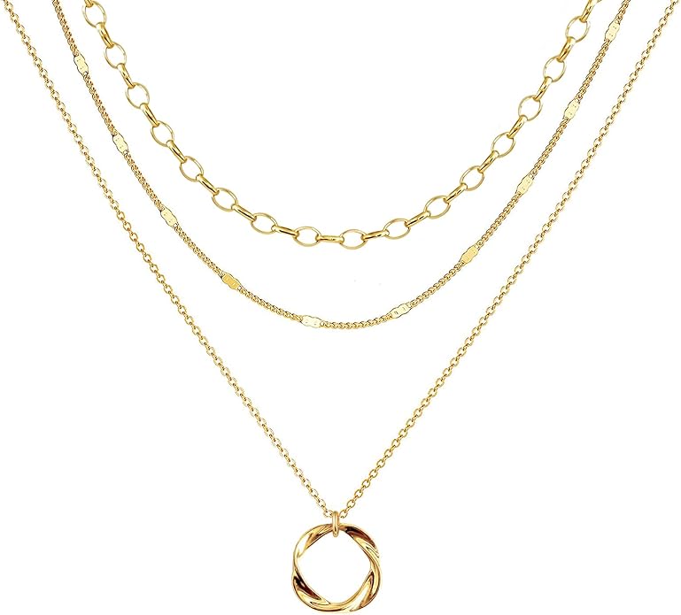 OGD Layered CZ Rondelle Pendant Necklaces for Women, 14K Gold Plated Trendy Mariner Chain Dainty Circle Rondelle Pendant Choker Necklace for Women Two-Toned Cubic Zirconia Gold Necklace