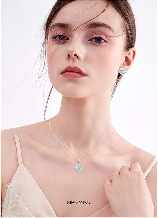 Bridal Crystal Jewelry Set - Sterling Silver Round Cubic Zirconia CZ Rhinestone Halo Birthstone Pendant Necklace Stud Earrings Set for Wedding Bride Bridesmaids Birthday Gift