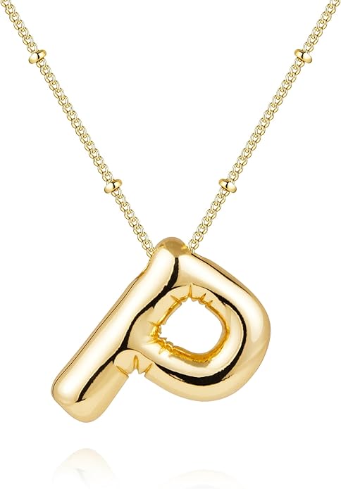 Inerney Valentines Day Gifts Gold Bubble Letter Necklace Initial Necklaces for Women, Chunky 14K Plated Balloon Initials, Trendy Charm Non Tarnish Custom Name Pendant Jewelry Gifts for Mom