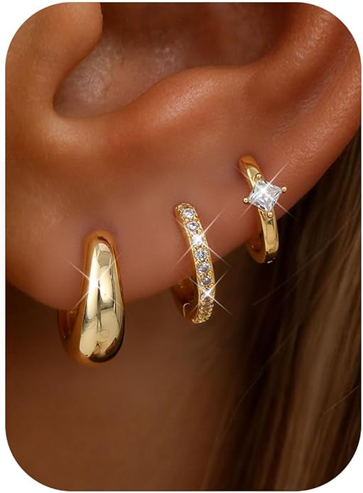 MILACOLATO 3 Pairs Small 14K Gold Plated Hoop Earrings for Women Trendy Hypoallergenic Silver Earring Stacks Huggie Hoops Earring Sets for Multiple Piercing Chunky Double Hoop Jewelry Lightweight