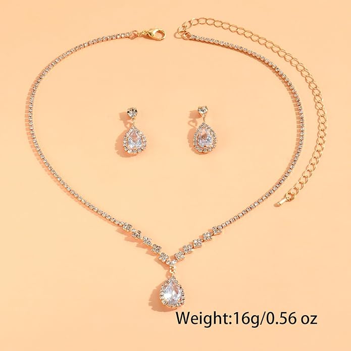 Sparkling Teardrop Halo Bridal Necklace Earrings Set For Women Statement Classic Silver Colors Adjustable Choker Style Chain