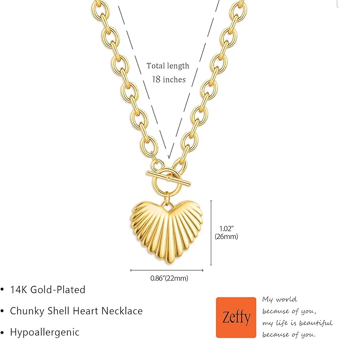 Zeffy 14K Gold/Silver Plated Chunky Thick Chain Toggle Clasp Necklace Dainty Baroque Pearl/Heart/Cross/Turquoise Pendant Necklace