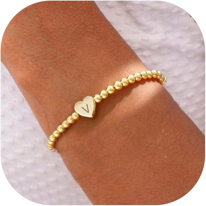 Valentines Day Gifts for Women Her - Dainty Beaded Heart Initial Bracelets Letter A-Z Charm Stretch Bead Ball Bracelet Trendy Jewelry Gifts