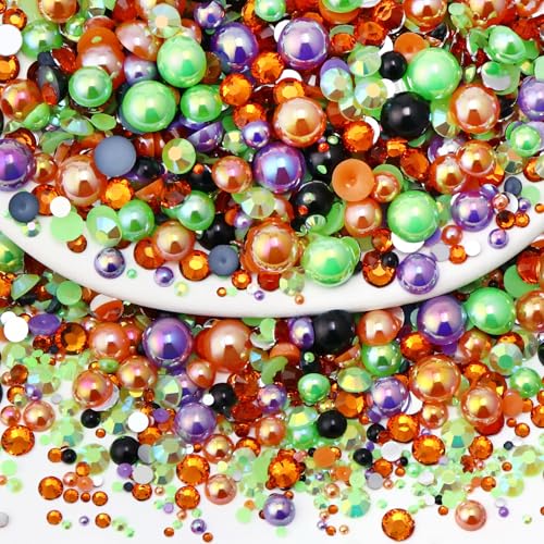 60g Mix Pearls and Rhinestones, Half Pearls and Rhinestones for Crafts Tumblers Shoes Nails Face Art, 2mm-10mm Mixed Sizes, Halloween Blend - color: Halloween Blend