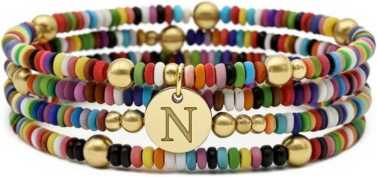 Set of 4 Colorful Bead Initial Bracelets, Personalized Stackable Jewelry, Adjustable Stretchy Charm Bracelets for Women, Beaded Bracelet Set, Trendy Custom Jewelry Gift