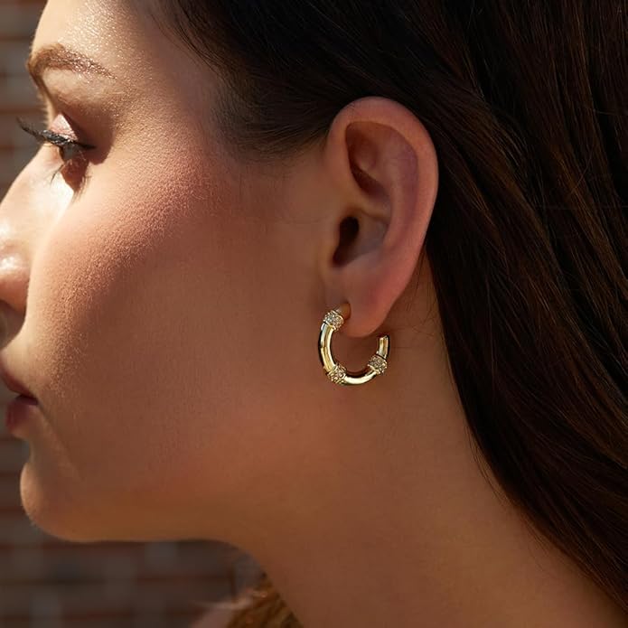 Gold Earrings for Women Girls,14K Gold Plated Hoop Earrings with 925 Sterling Silver Post Cubic Zirconia Stud Earring Huggie Hoops Earrings